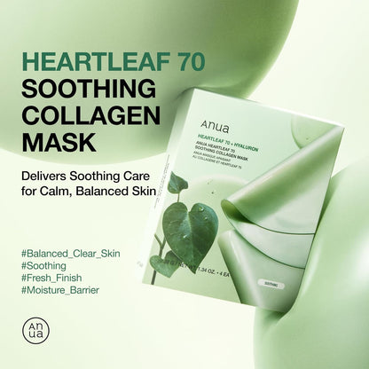 Heartleaf 70 Soothing Collagen Mask, Overnight Face Mask for Glass Skin, Hyaluronic Acid, Collagen, Soothing & Hydration Facial Mask for Sensitive Skin, Natural Color, Korean Skin Care (38G, 4Ea)