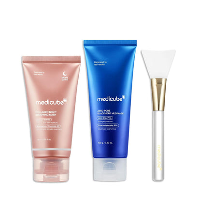 Korean Viral Glass Skin Faical Mask Duo: Collagen Overnight Wrapping Peel off Facial Mask Pack and Zero Pore Blackhead Mud Facial Mask and Jelly Brush