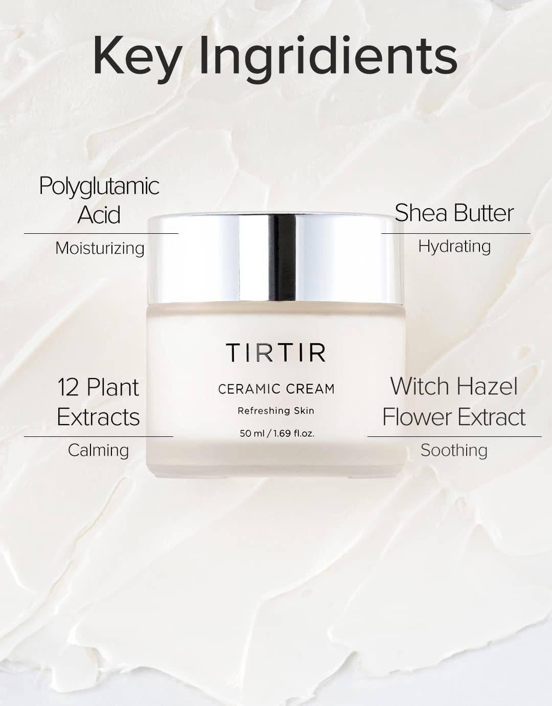 Natural Ceramide Cream | Deep Moisturizer for Glass Skin, Polyglutamic Acid, Centella Asiatica Extract, Skin Barrier, Lightweight, Mild, Nature Derived Ingredients, Dry Skin, Korean Skincare