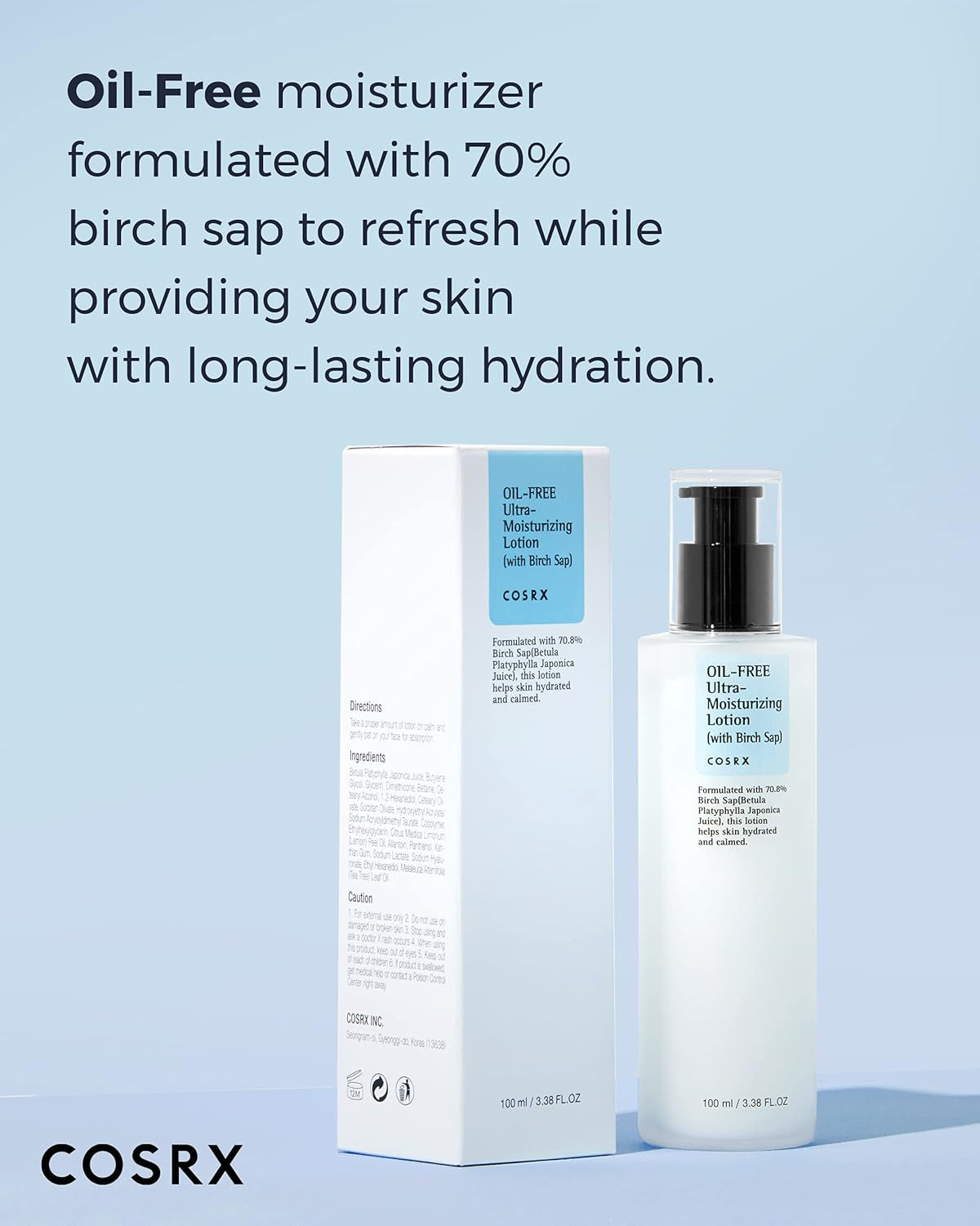 Oil Free Lotion with Birch Sap, Daily Acne Facial Moisturizer, Hydrating Moisturizer for All Skin Types, Korean Skin Care, Paraben Free, 3.38 Fl.Oz / 100Ml