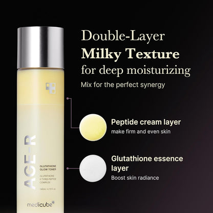 Age-R Glutathione Glow Milky Toner, Low-Irritation Double Layer Toner for Glass Glow Skin with Peptide, Even Skin Tone, Radiance, Hydration, Korean Skincare