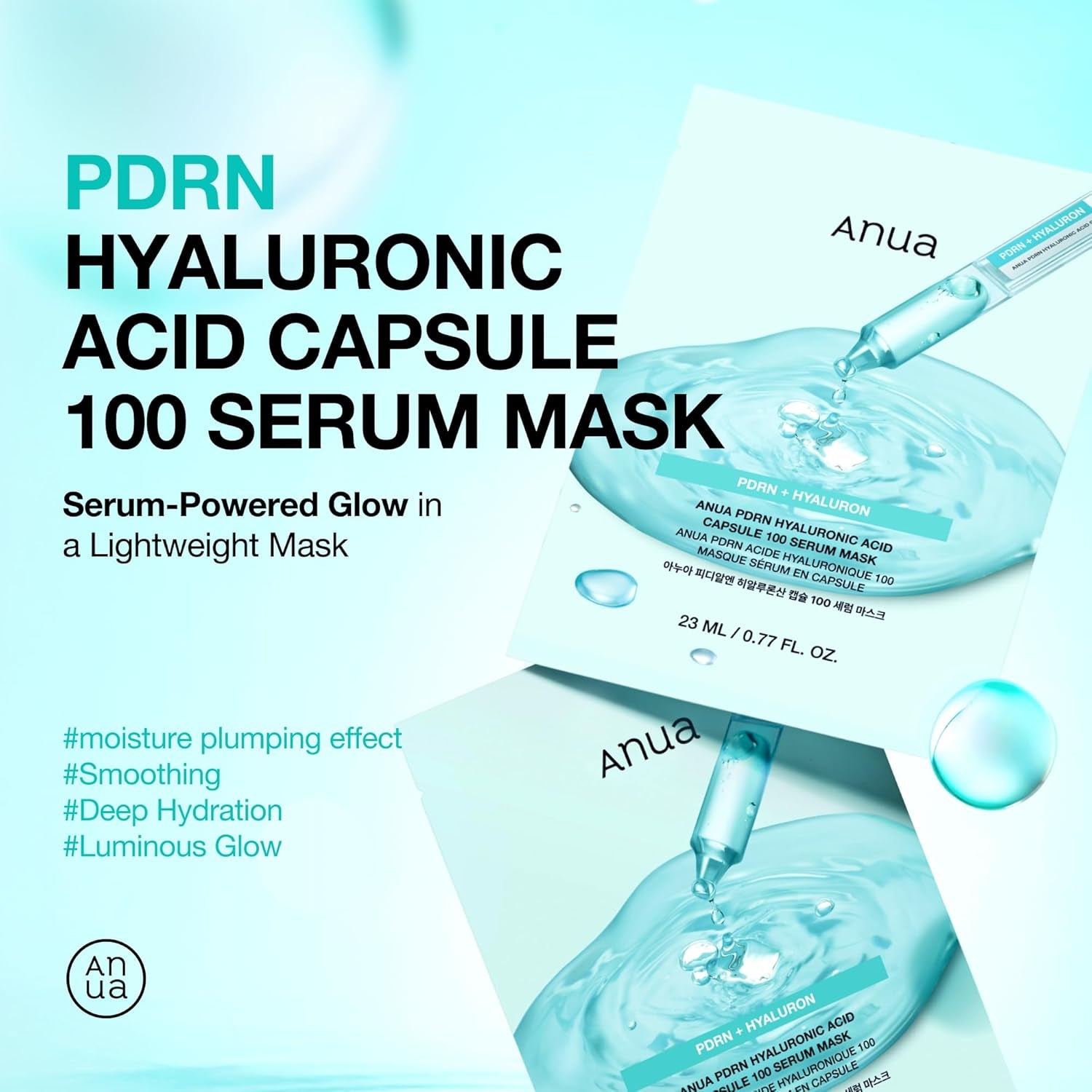 PDRN Hyaluronic Acid Capsule 100 Serum Mask, Everyday Glow Korean Sheet Mask with Salmon PDRN, Hyaluronic Acid, Collagen, Self Home Care Facial Mask for Glass Skin, Korean Skin Care (10EA)
