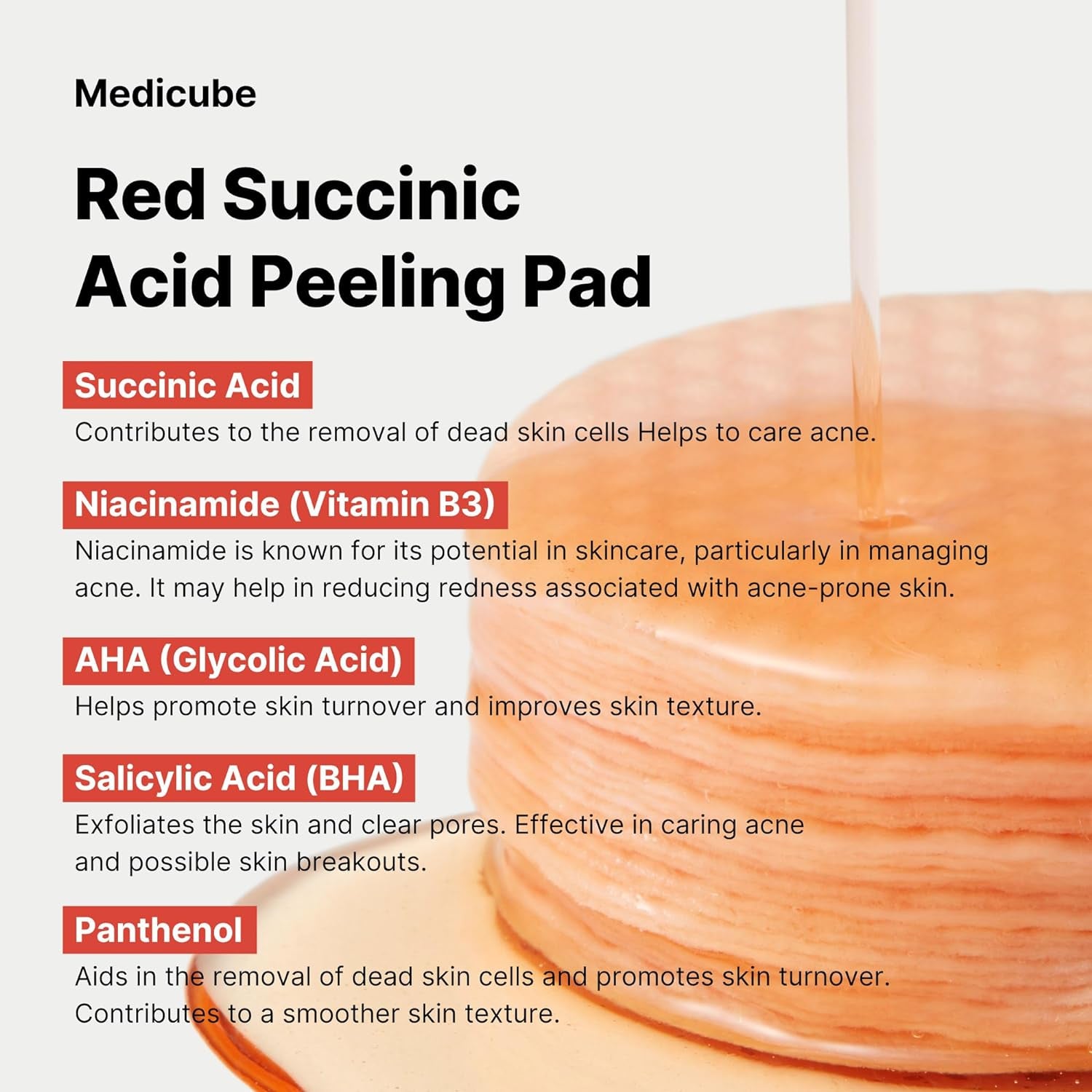 Red Succinic Acid Panthenol Facial Peeling Pads - Exfoliating Toner Pads for Breakout-Prone Skin with Niacinamide, AHA, BHA, and Soothing Panthenol - Non-Comedogenic