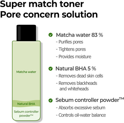 Super Matcha Pore Tightening Toner - 5.07Oz, 150Ml - Made from Matcha Extracts for Sensitive Skin - Skin Moisturizing and Purifying - Blackheads, Sebum and Pore Care - Korean Skin Care