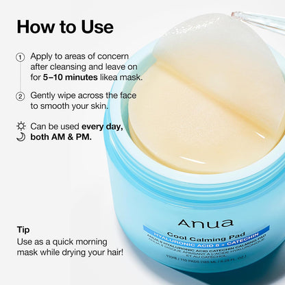 8 Hyaluronic Acid Catechin Calming Pad, Pore Care & Cooling Effect with Korean Toner Pad, Quick & Easy Hydrating Daily Face Mask, Makeup Prep Routine, Korean Skin Care (185Ml,110 Pads)