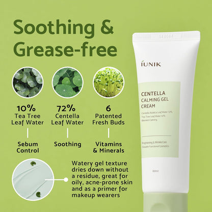 Centella 70% Calming Gel Cream Vegan Non-Sticky Moisturizing Blemish Care W/Centella Asiatica Tea Tree 10% Soothes Acne Rosacea Oily & Sensitive Skin Korean Skincare BOGO 1+1