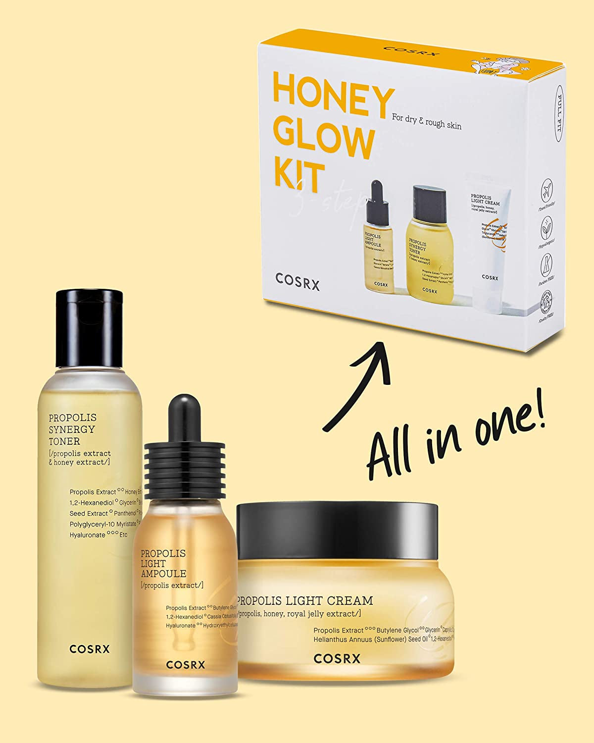 Honey Glow Kit, Korean Skin Care Set with Propolis Facial Toner, Serum, & Cream, Mini Travel Essentials, Deep Moisture, Hydration, Nourishment, Travel Size Gift Set, Korean Skin Care