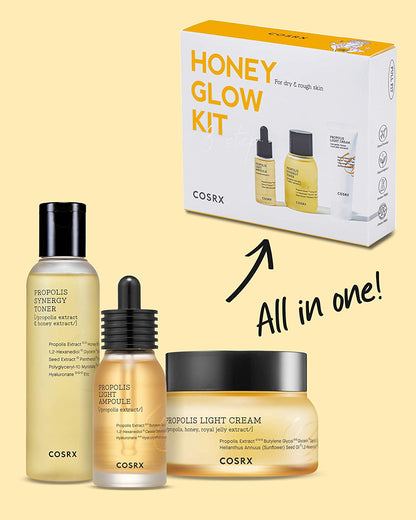 Honey Glow Kit, Korean Skin Care Set with Propolis Facial Toner, Serum, & Cream, Mini Travel Essentials, Deep Moisture, Hydration, Nourishment, Travel Size Gift Set, Korean Skin Care