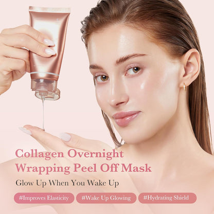 Korean Viral Glass Skin Faical Mask Duo: Collagen Overnight Wrapping Peel off Facial Mask Pack and Zero Pore Blackhead Mud Facial Mask and Jelly Brush