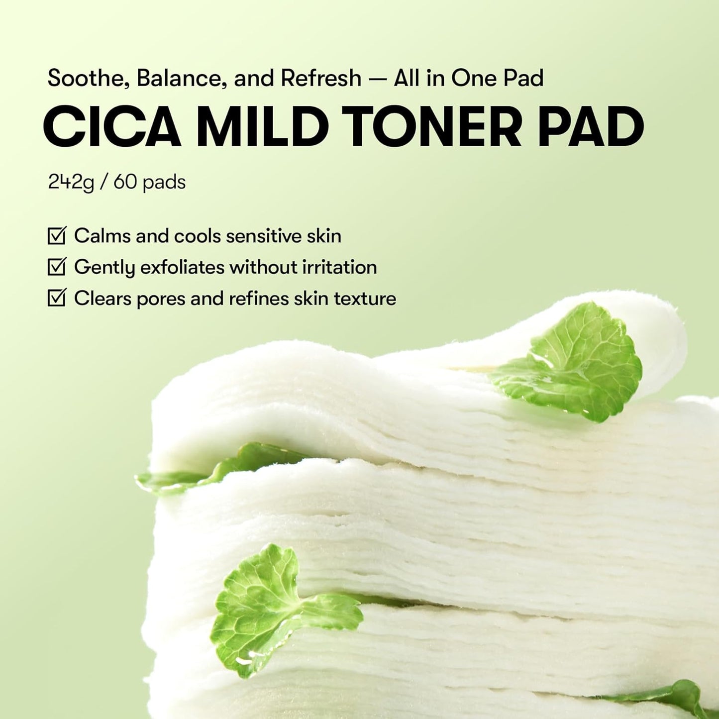 CICA Mild Toner Pad (60 Pads) - Exfoliating, Hydrating, Soothing, Ph Balancing with BHA, Centella Asiatica Extract, Hyaluronic Acids for Daily Facial Use