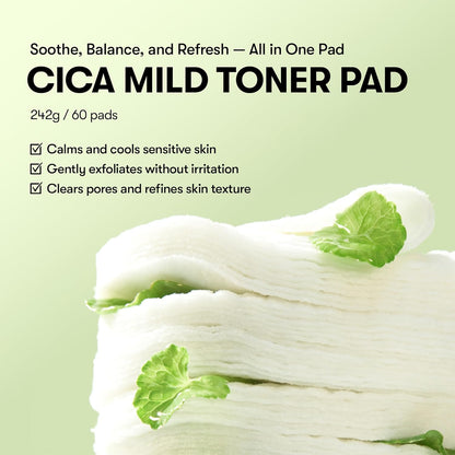 CICA Mild Toner Pad (60 Pads) - Exfoliating, Hydrating, Soothing, Ph Balancing with BHA, Centella Asiatica Extract, Hyaluronic Acids for Daily Facial Use
