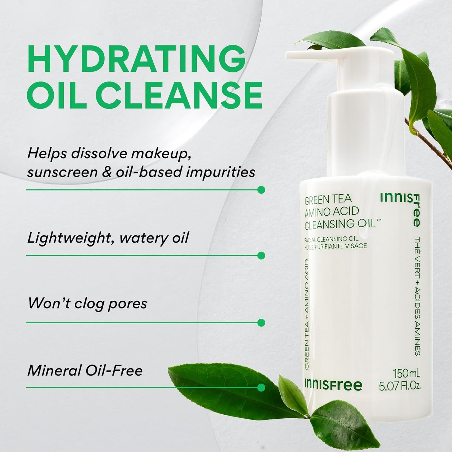 Green Tea Amino Acid Cleansing Oil, Hydrating Korean Face Wash with Jojoba, Makeup Remover, Sunscreen Dissolving Formula