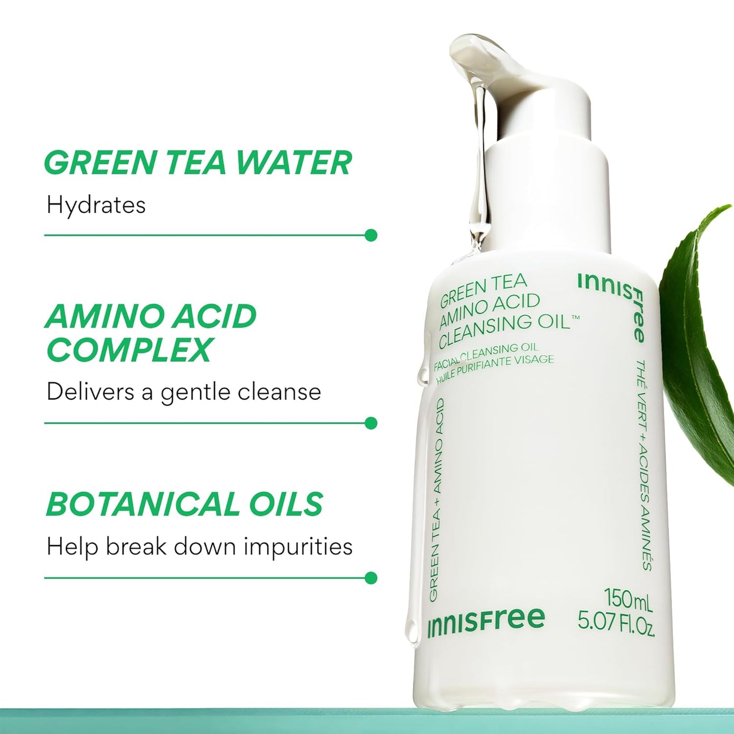 Green Tea Amino Acid Cleansing Oil, Hydrating Korean Face Wash with Jojoba, Makeup Remover, Sunscreen Dissolving Formula