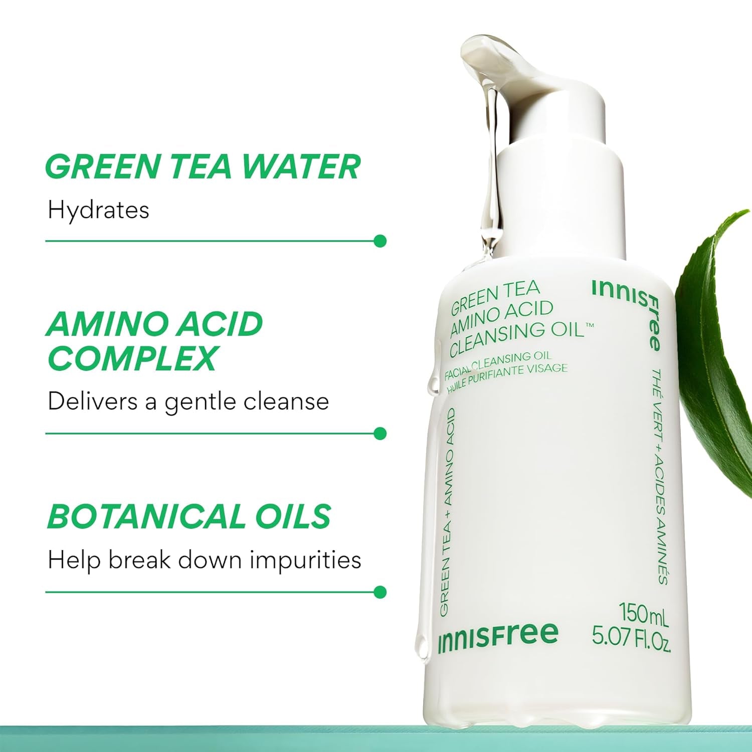 Green Tea Amino Acid Cleansing Oil, Hydrating Korean Face Wash with Jojoba, Makeup Remover, Sunscreen Dissolving Formula