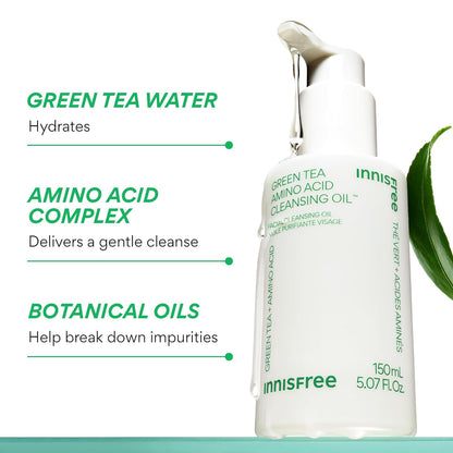 Green Tea Amino Acid Cleansing Oil, Hydrating Korean Face Wash with Jojoba, Makeup Remover, Sunscreen Dissolving Formula