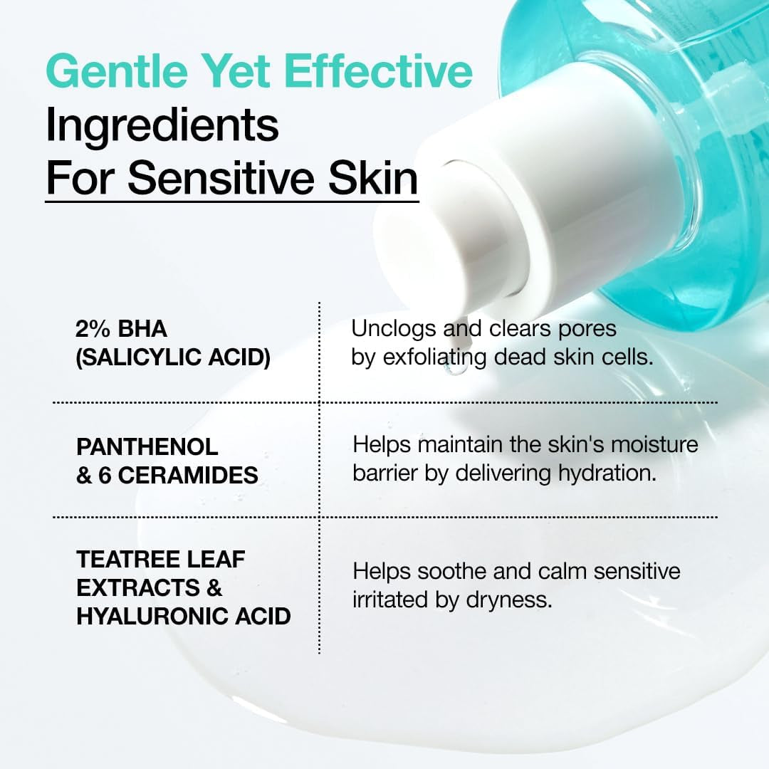 BHA 2% Gentle Exfoliating Toner, Mild Facial Exfoliant, Salicylic Acid for Pores and Sebum, Teatree Extract, Hyaluronic Acid, Ceramides (150Ml / 5.07 Fl.Oz.)