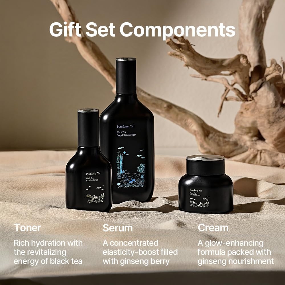 PKY Black Tea Line Gift Box Set, Deep Nurishment for Anti-Aging, Rich Moisture Toner, Revitalizing Serum & Nourishing Cream, Zero-Irritation (3-Item Set)