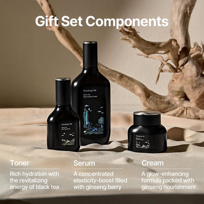 PKY Black Tea Line Gift Box Set, Deep Nurishment for Anti-Aging, Rich Moisture Toner, Revitalizing Serum & Nourishing Cream, Zero-Irritation (3-Item Set)