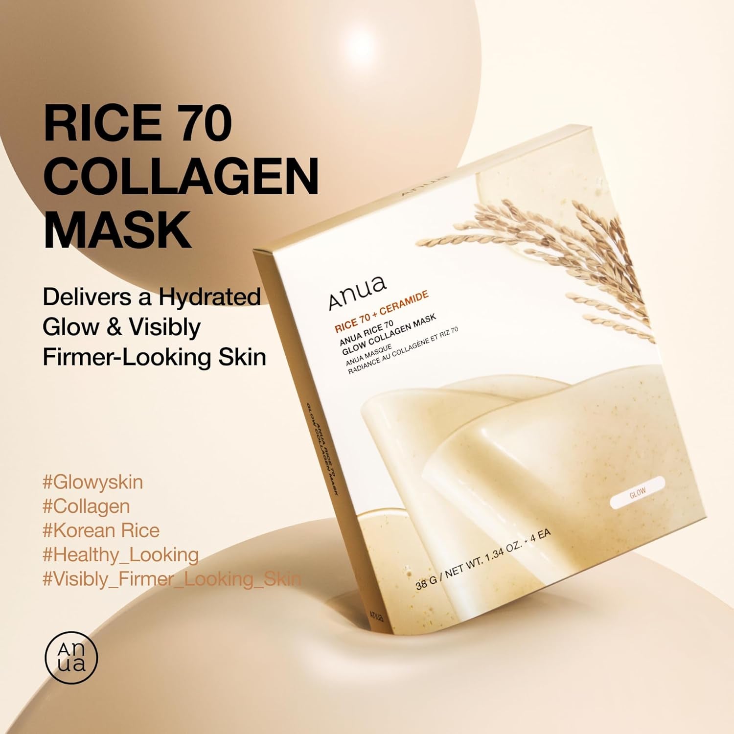 Rice 70 Glow Collagen Mask, Overnight Face Mask for Glass Skin, Ceramide, Collagen Facial Mask, Skin Moisture Barrier, Tightening Care, Natural Color, Korean Skin Care (38G, 4Ea)