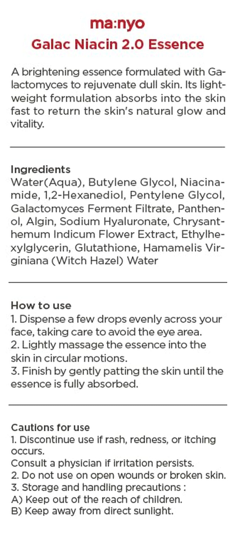 Galac Niacin 2.0 Essence Korean Facial Serum, Ultra Hydrating, Tone Balancing, Niancinamide, for Women and Men Korean Skin Care 1.69 Fl Oz (50Ml)