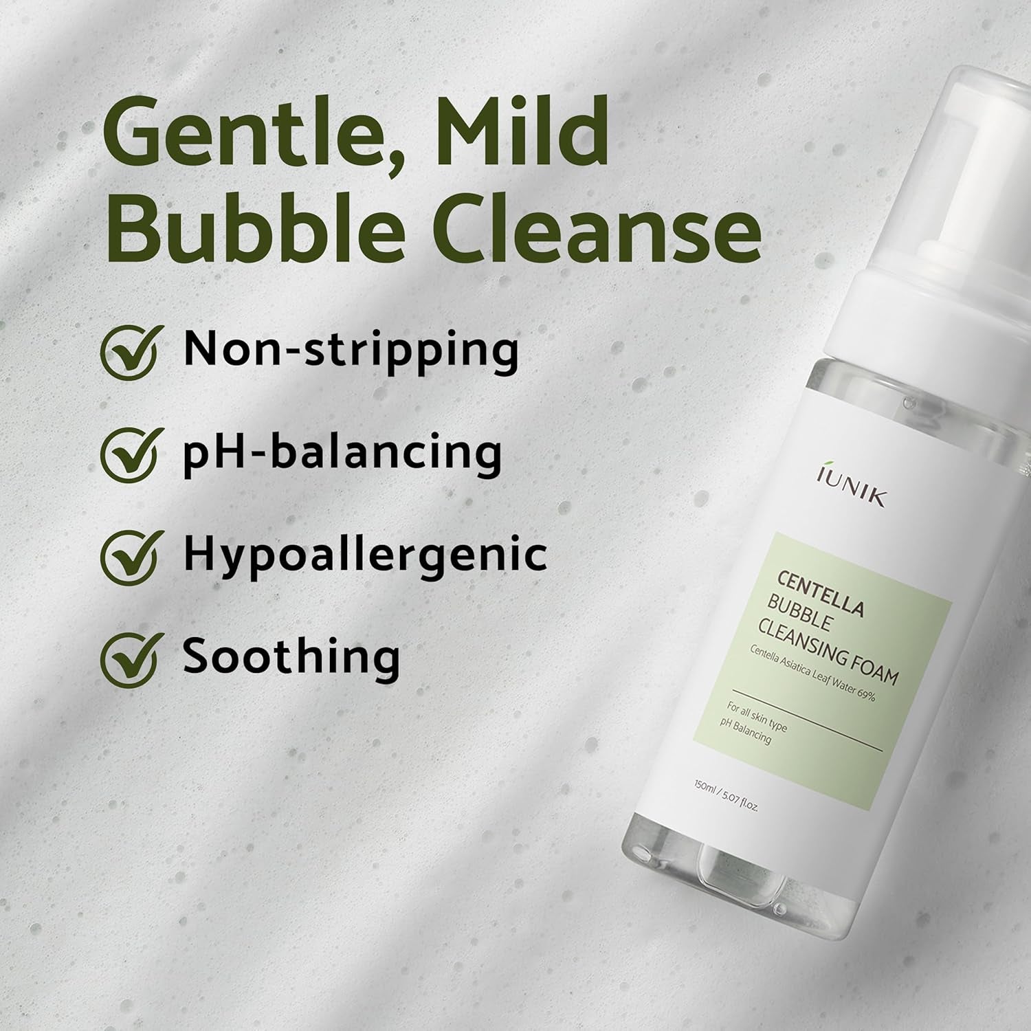 Centella Bubble Foaming Vegan Facial Cleanser - 69% Centella Asiatica Extract, Soothing, Moisturizing, Exfoliating, Removes Pore Blackheads, Whiteheads, 5.07 Fl Oz