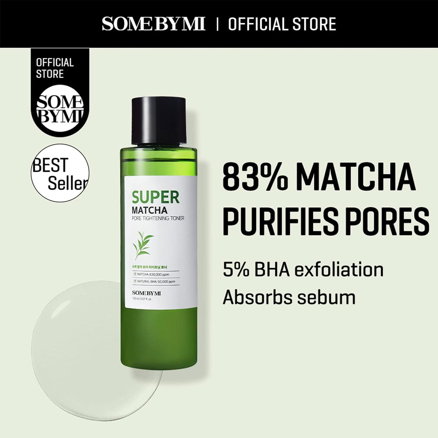 Super Matcha Pore Tightening Toner - 5.07Oz, 150Ml - Made from Matcha Extracts for Sensitive Skin - Skin Moisturizing and Purifying - Blackheads, Sebum and Pore Care - Korean Skin Care