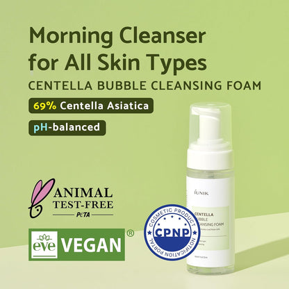 Centella Bubble Foaming Vegan Facial Cleanser - 69% Centella Asiatica Extract, Soothing, Moisturizing, Exfoliating, Removes Pore Blackheads, Whiteheads, 5.07 Fl Oz