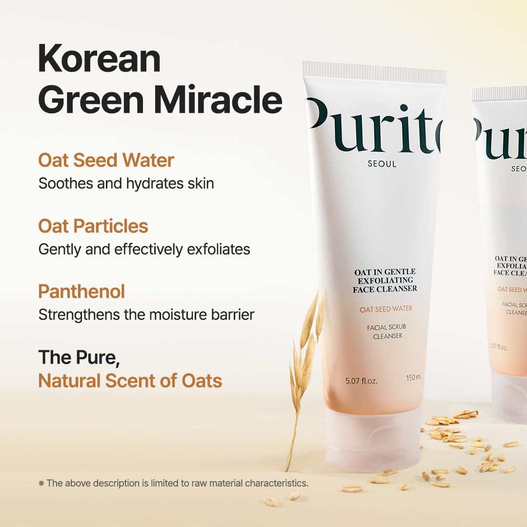 Oat Exfoliating Facial Polish Cleanser - Hydrating Daily Face Wash with Gentle Scrub Clay Pore Minimizing Panthenol, Oat Seed Water Vegan, Non-Comedogenic Korean Skin Care 5.07 Fl.Oz