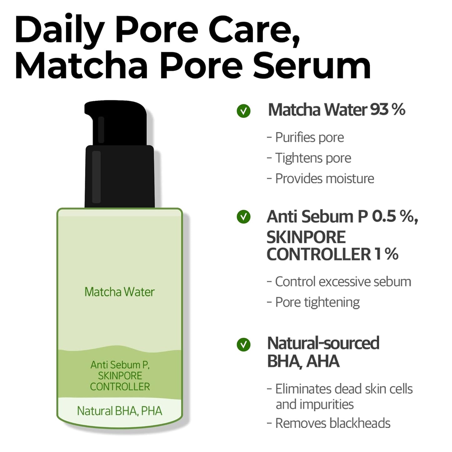 Super Matcha Pore Tightening Serum - 1.69Oz, 50Ml - Made from Match Water for Sensitive Skin - Skin Moisturizing and Purifying Effect - Blackheads, Sebum and Pore Care - Korean Skin Care