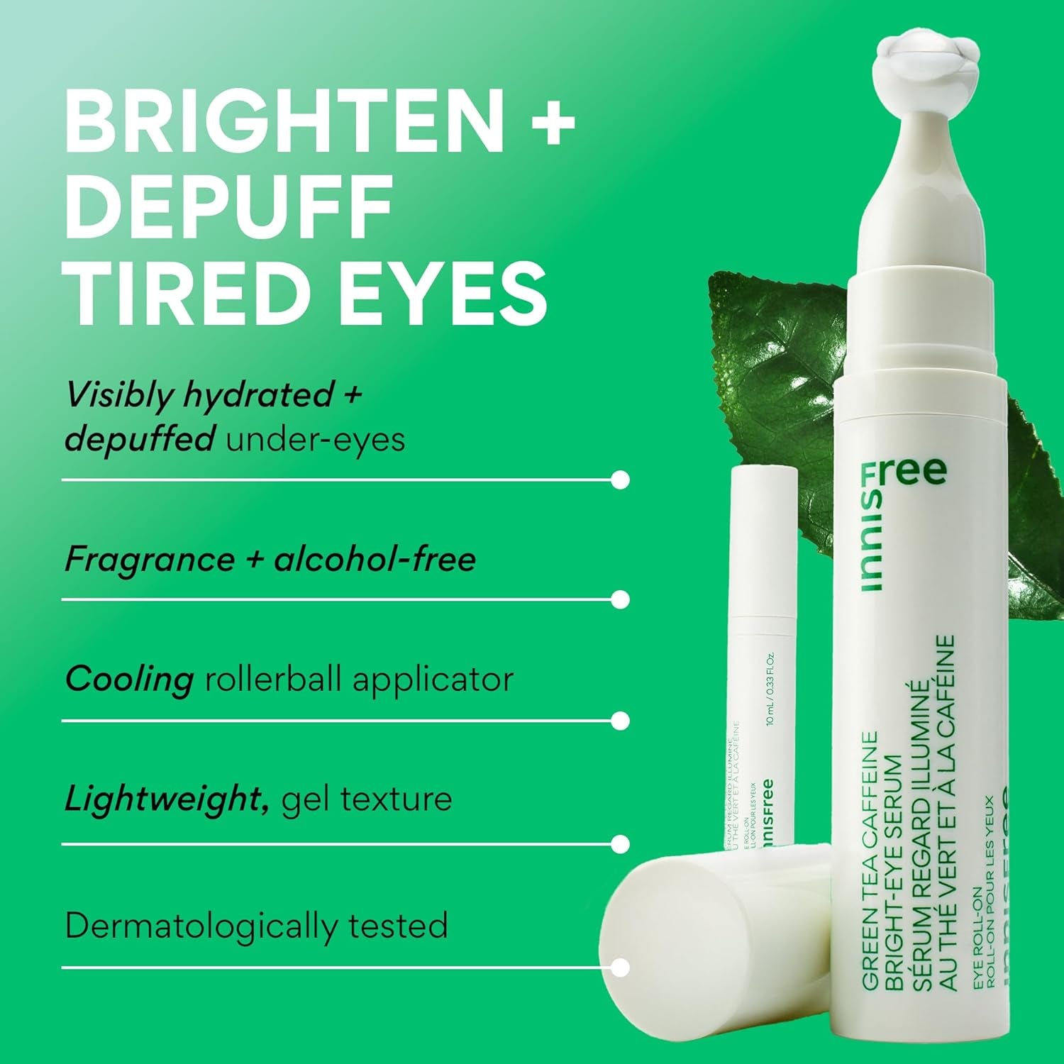 Green Tea Caffeine Depuffing Eye Serum with Niacinamide, Cooling Korean Eye Roll-On for Hydration and Brightening