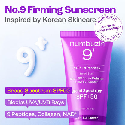 No.9 Sunscreen | Super Defense Glow Sunscreen | Broad Spectrum SPF 50 | for All Skin Types & Skin Tones | Glowing, Dewy Finish, Water-Resistant | No White Cast, Korean Skincare | 1.69 Fl. Oz.