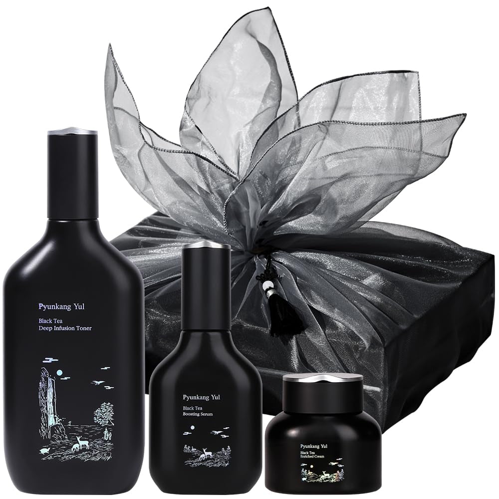 PKY Black Tea Line Gift Box Set, Deep Nurishment for Anti-Aging, Rich Moisture Toner, Revitalizing Serum & Nourishing Cream, Zero-Irritation (3-Item Set)