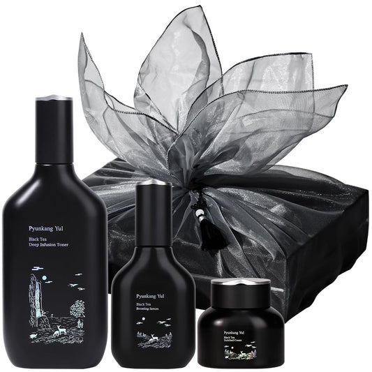 PKY Black Tea Line Gift Box Set, Deep Nurishment for Anti-Aging, Rich Moisture Toner, Revitalizing Serum & Nourishing Cream, Zero-Irritation (3-Item Set)