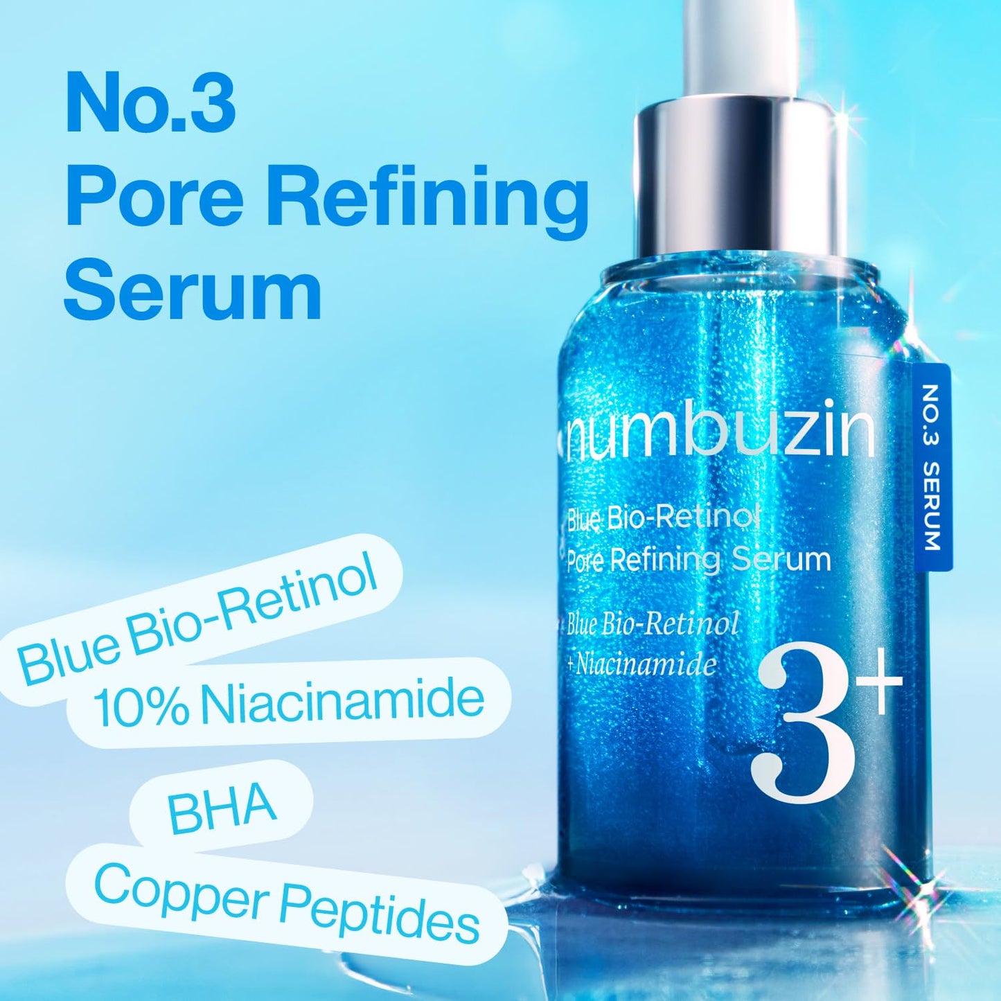 No.3 Retinol Serum | Blue Bio-Retinol Pore Refining Serum | Tightening, Firming, Korean Skincare | Niacinamide, Peptide, Salicylic Acid (BHA) | Beginner-Friendly Retinol | 1.01 Fl.0Z