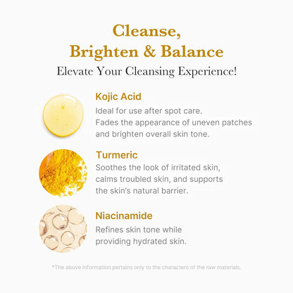 Kojic Acid Turmeric Whip Cleanser | Daily Facial Cleanser for Brightening, Balancing Skin Tone & Texture | Fade Appearance of Uneven Patches & Ideal for Use after Spot Care | Korean Skincare
