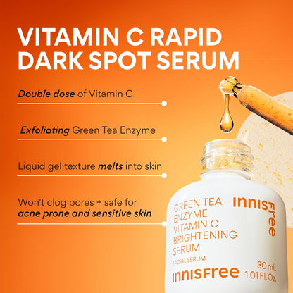 Green Tea Enzyme Vitamin C Serum for Brightening Dark Spot Correction, Korean Face Serum for Radiant Glow