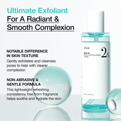BHA 2% Gentle Exfoliating Toner, Mild Facial Exfoliant, Salicylic Acid for Pores and Sebum, Teatree Extract, Hyaluronic Acid, Ceramides (150Ml / 5.07 Fl.Oz.)