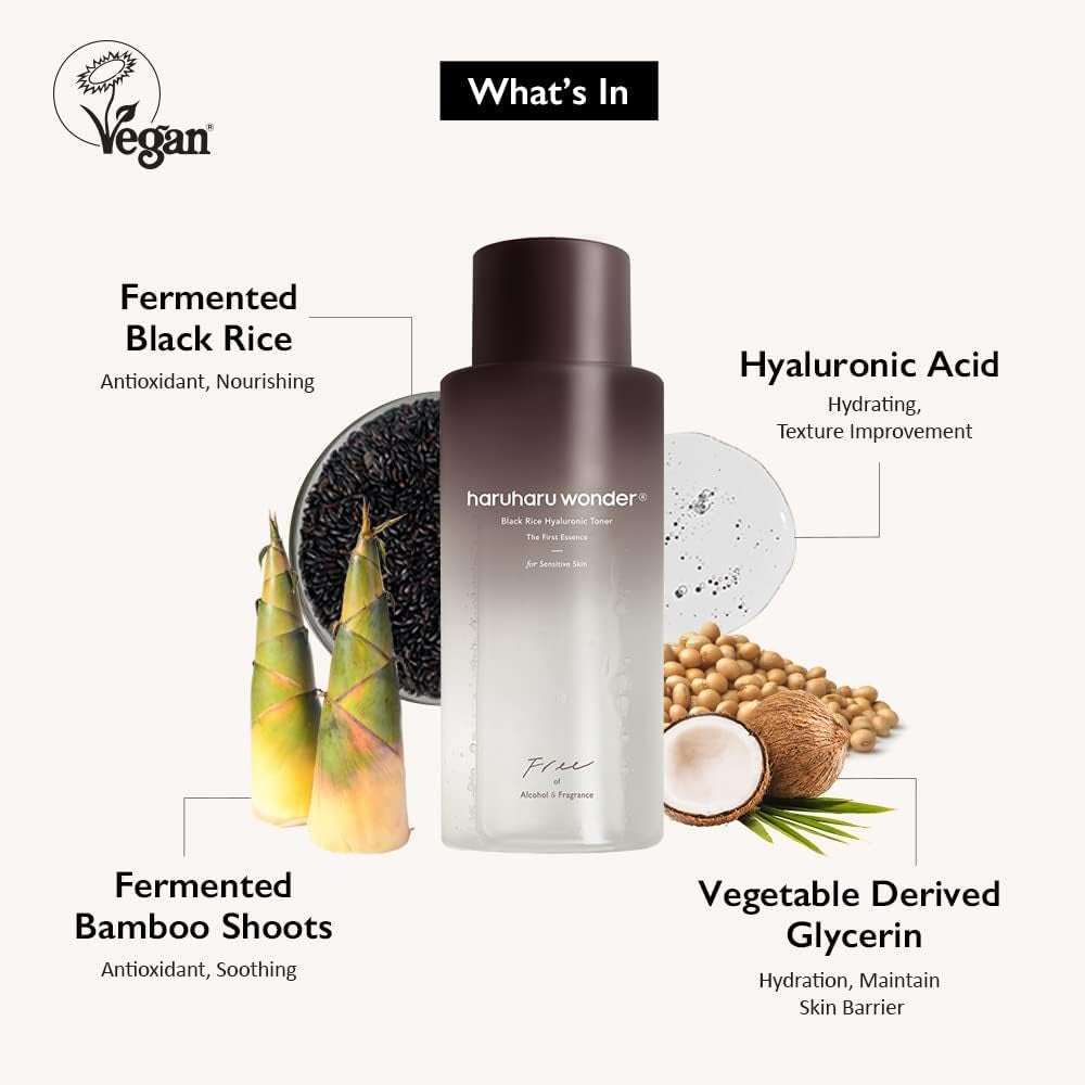 Wonder Black Rice Hyaluronic Toner for Sensitive Skin 10.1 Fl.Oz, Alcohol Free, Fragrance Free, Deep Hydration, Glass Skin, Korean Skincare, Vegan, Cruelty-Free