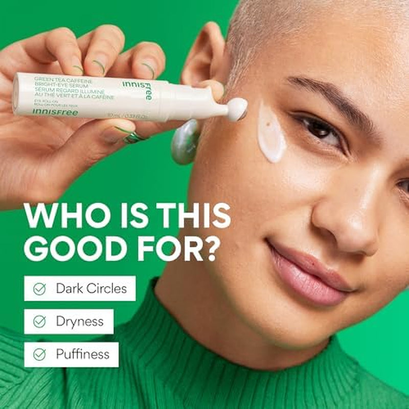 Green Tea Caffeine Depuffing Eye Serum with Niacinamide, Cooling Korean Eye Roll-On for Hydration and Brightening