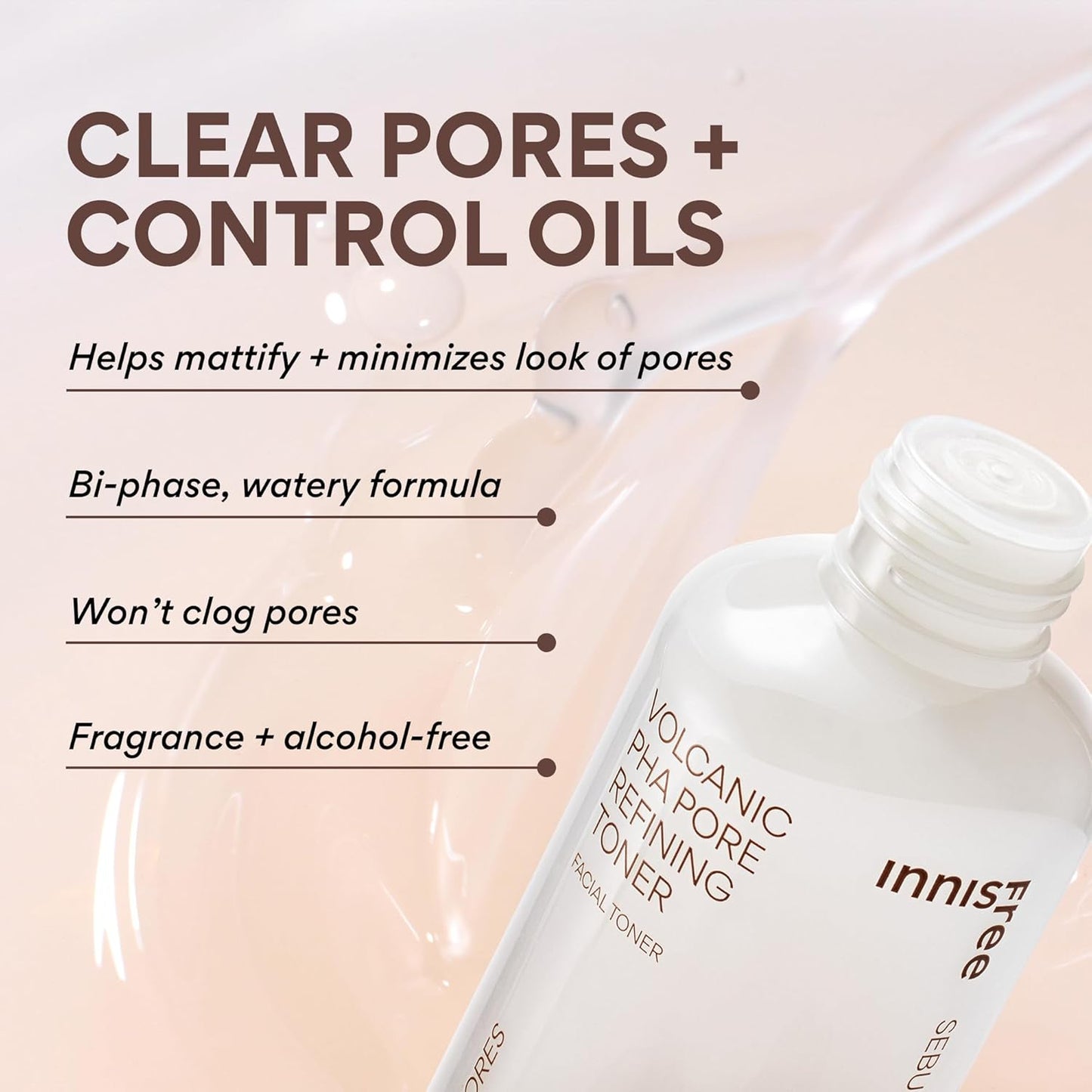 Innisfree Volcanic PHA Toner, Korean Skincare with AHA & BHA, Refines Texture, Controls Oil, Exfoliating Face Treatment