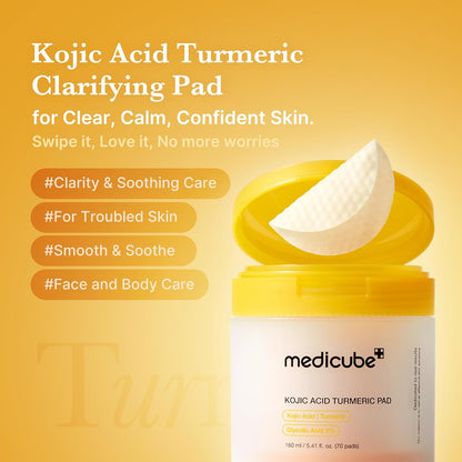 Kojic Acid Turmeric Clarifying Toner Pad for Troubled Skin & Use after Spot Care | Soothing & Calming with Kojic Acid, Turmeric, Niacinamide, and Glycolic Acid | Korean Skin Care, 70 Pads