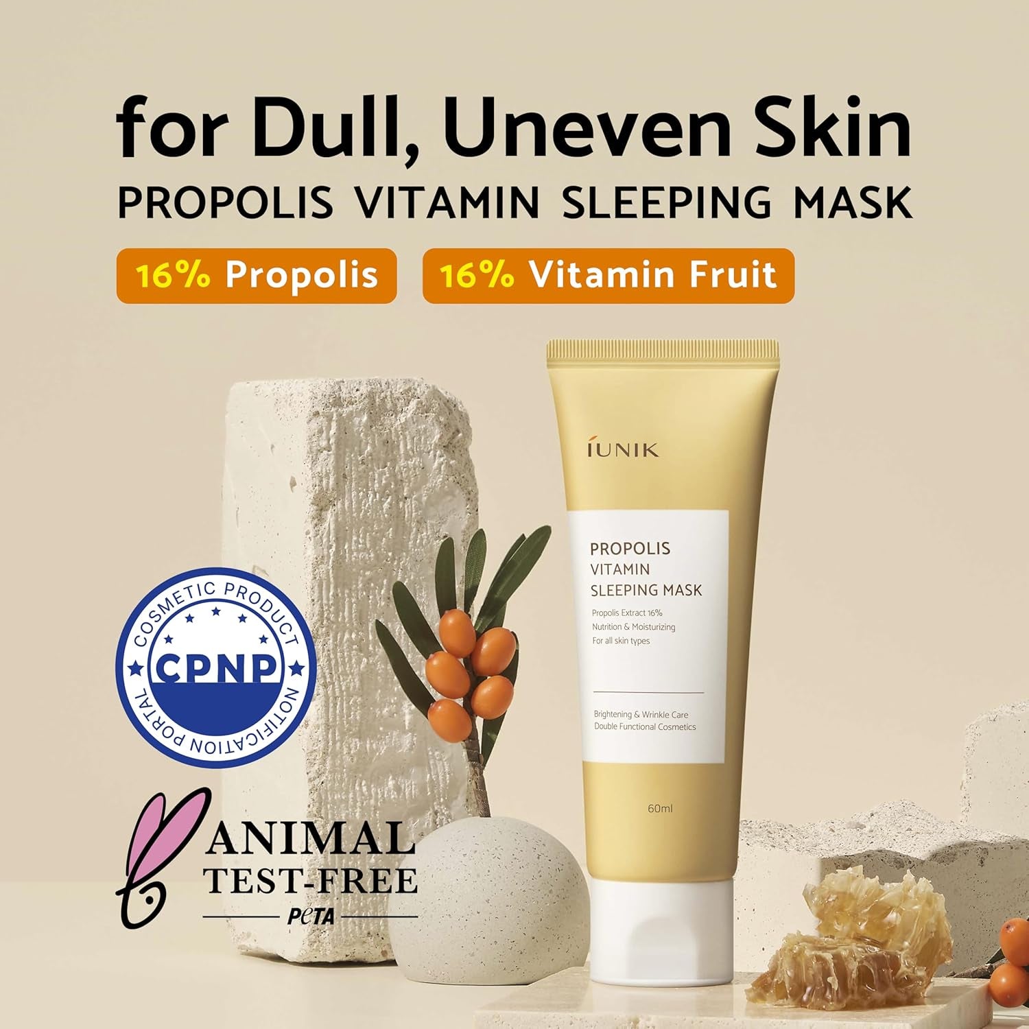 Propolis Vitamin Glow Sleeping Mask Night Moisturizer Cream 2.03 Fl Oz Overnight Moisturizing Cream Tea Tree Centella Asiatica Extracts Anti-Sagging Even Tone Rehydrate Firm Maturing Skin VEGAN