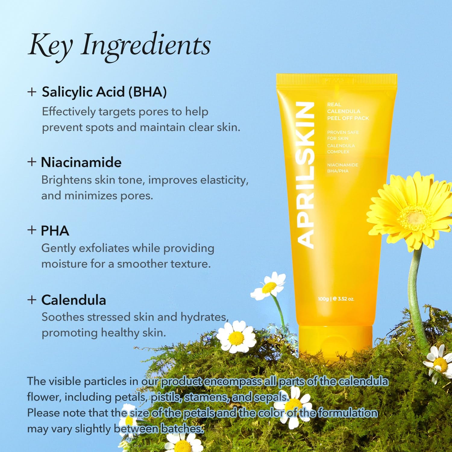 Calendula Flower-Infused Facial Peel off Mask, 3.52 Fl. Oz, PHA, BHA & Niacinamide Gently Exfoliates, Removes Impurities, Improves Uneven Skin Tone, and Minimizes Pores, Korean Skincare