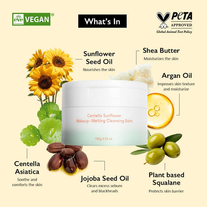 Wonder Centella Sunflower Makeup-Melting Cleansing Balm 3.52 Oz., Facial Cleanser for Heavy Makeup Removal, Korean Skincare