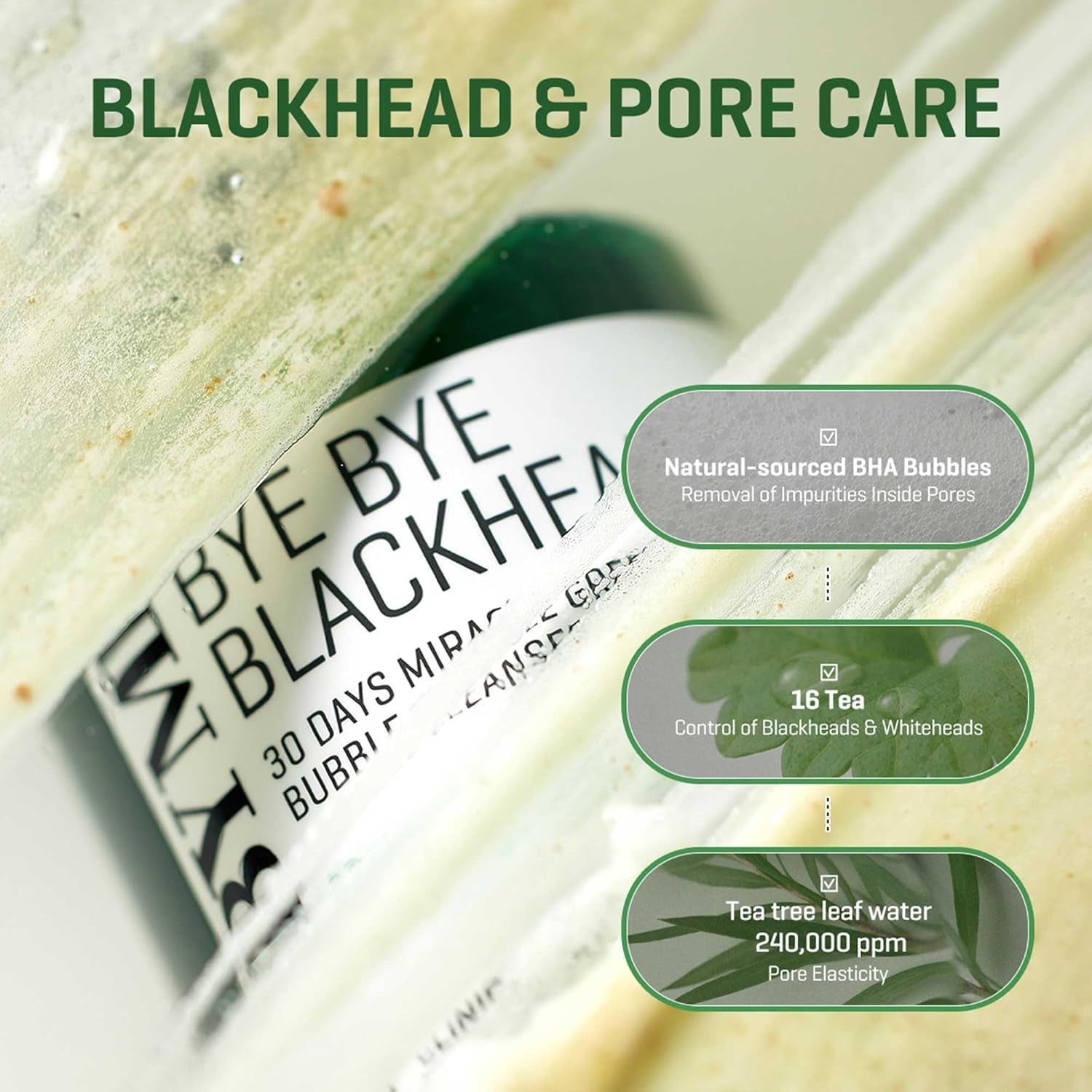 Bye Bye Blackhead 30 Days Miracle Green Tea Tox Bubble Cleanser – 4.23Oz, 120G – Korean Face Wash & Bubble Face Mask – Daily Blackhead-Removing Pore Minimizer for Face – Korean Skin Care