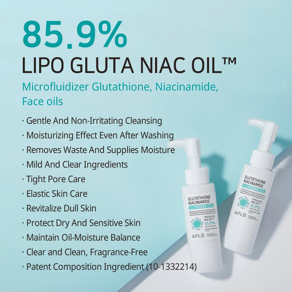 Glutathione Niacinamide Cleansing Oil | LIPO GLUTA NIAC OIL™ 85.9% 3.55 Fl.Oz/Korean Skincare, Makeup Remover for Sensitive Skin, Moisturize, Blackhead Care