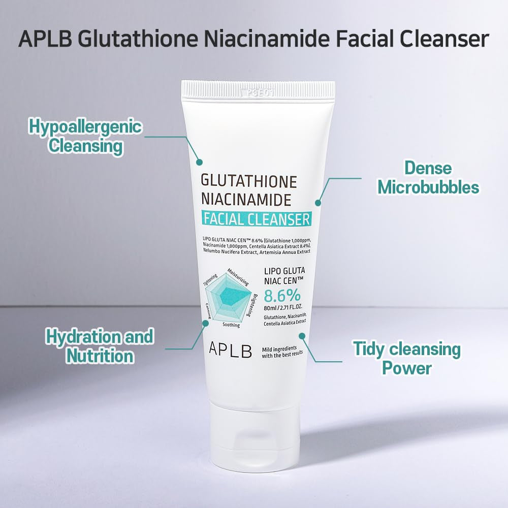 Glutathione Niacinamide Facial Cleanser | LIPO GLUTA NIAC CEN™ 8.6% 2.71 Fl.Oz/Korean Skincare, Cares for Tighten Pores & Sebum, Long Lasting Nourishment and Deep Moisture for Soft Skin