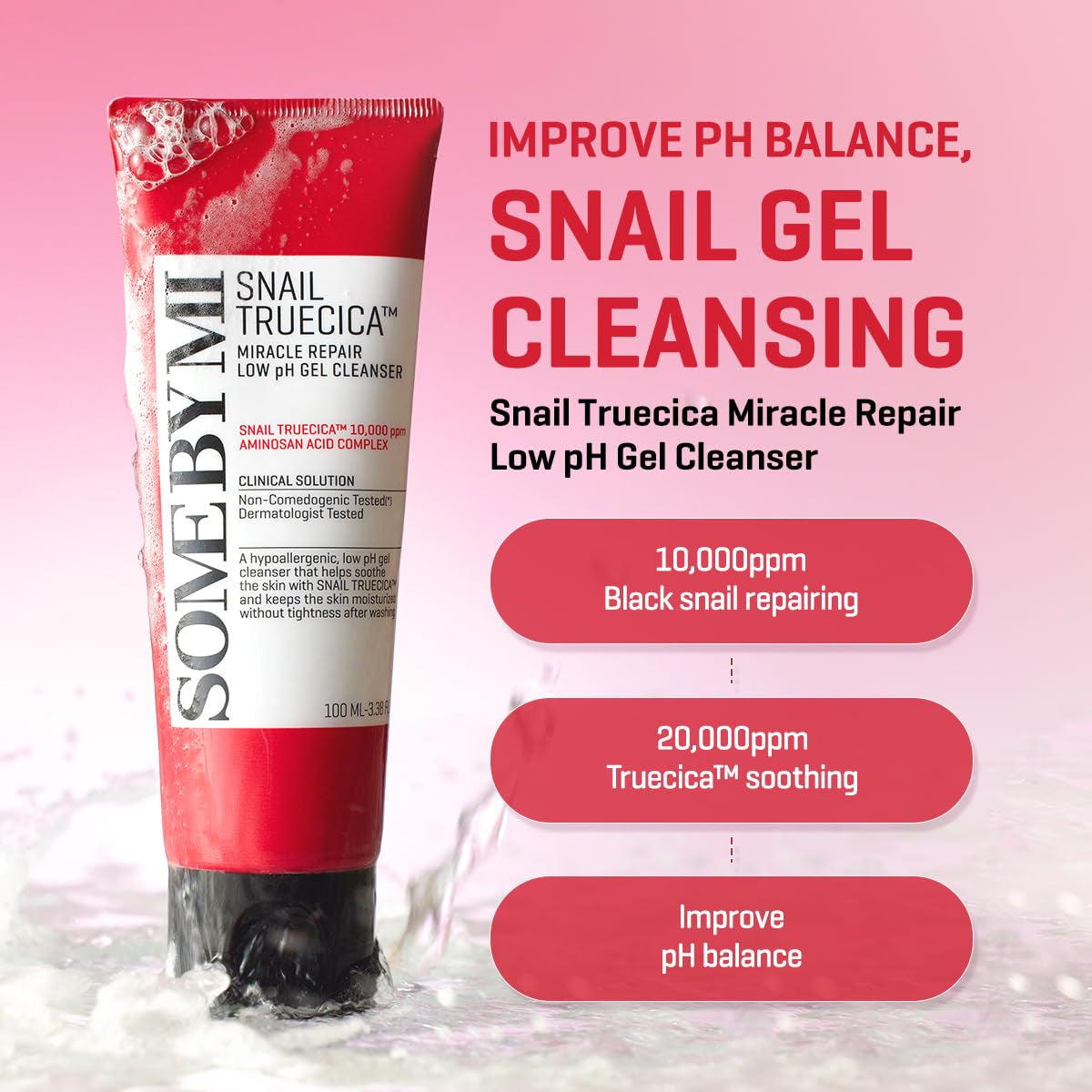Snail Truecica Miracle Repair Low Ph Gel Cleanser - 3.38Oz, 100Ml - Made from Snail Mucin for Sensitive Skin - Daily Face Wash for Deep Cleansing and Skin Moisturizing - Korean Skin Care