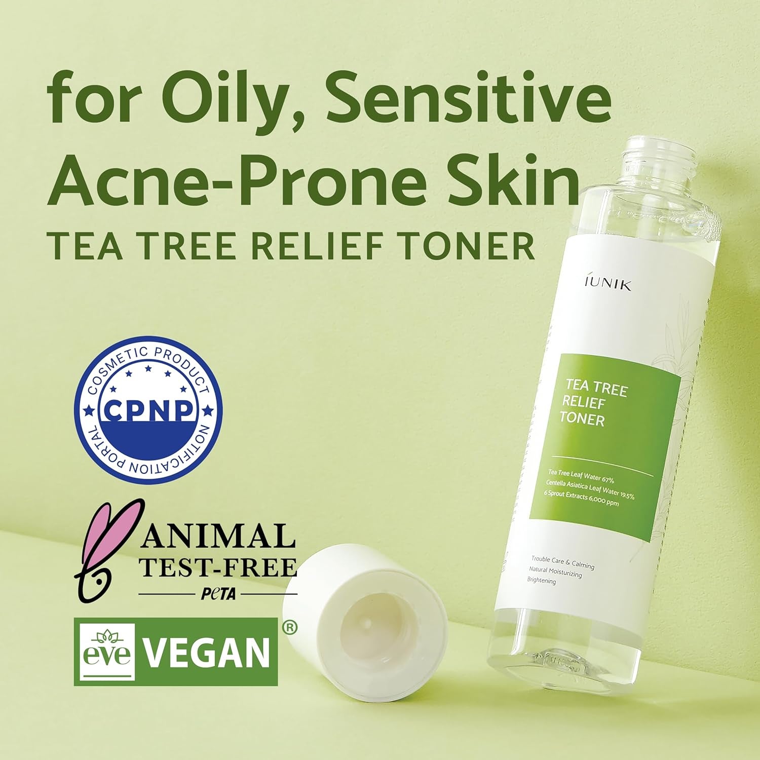 Tea Tree Relief Vegan Face Toner - Facial Moisturizer Acne-Prone Irritated Skin W Tea Tree 67% Centella Asiatica 19.5% 6.7 Fl OZ Sensitive Skin Breakout Rosacea Blemish Plant-Based Ingredients