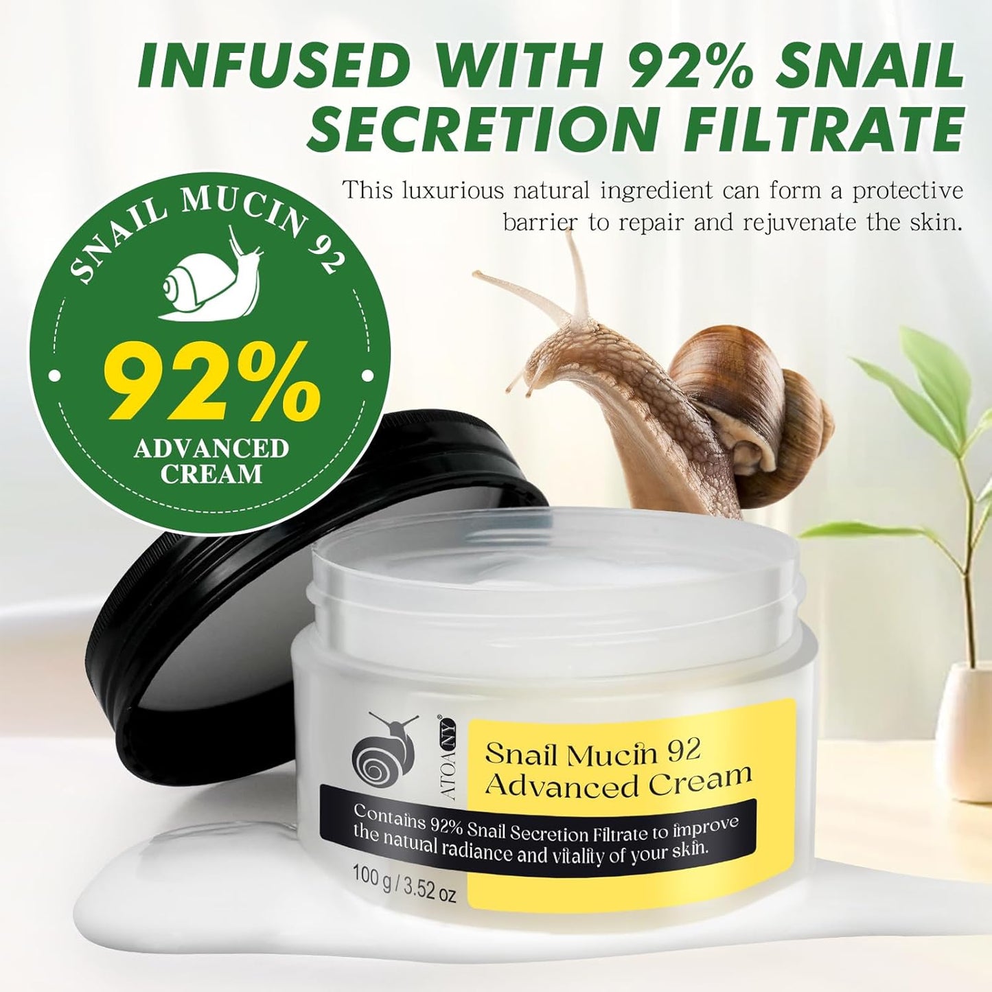 Snail Mucin 92% Repair Serum Cream - Face Moisturizer Hydrating anti Age Firming Wrinkle Reduction Daily Repair Snail Mucin Face Cream for Dry & Sensitive Skin, All Skin Types-100 G/3.52 Oz